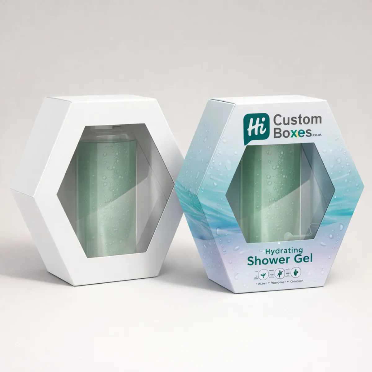 Two white hexagonal boxes with cut-out windows, one plain and one featuring a blue water-splash design. class=